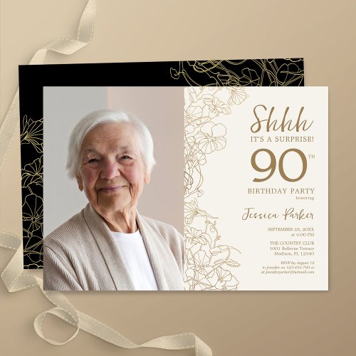 Gold Black Elegant Surprise Photo 90th Birthday Invitation