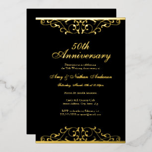 Gold Black Elegant Swirl 50th Wedding Anniversary  Foil Invitation