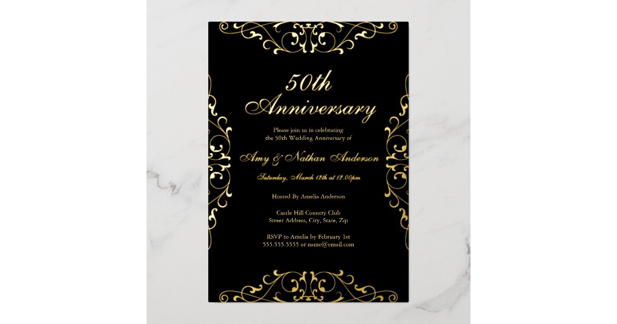 Gold Black Elegant Swirl 50th Wedding Anniversary Foil Invitation | Zazzle
