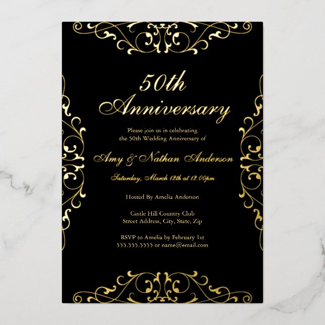 Gold Black Elegant Swirl 50th Wedding Anniversary Foil Invitation (Front)