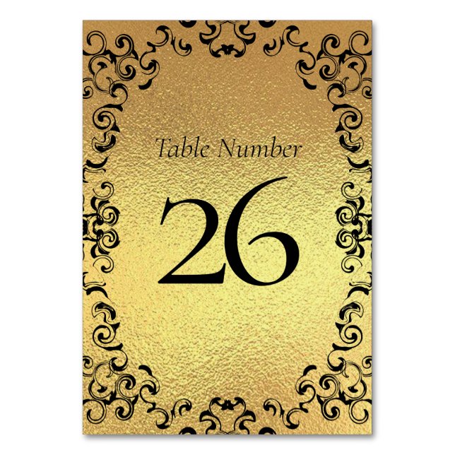 Gold Black Elegant Swirl Gothic Wedding Table Number (Back)