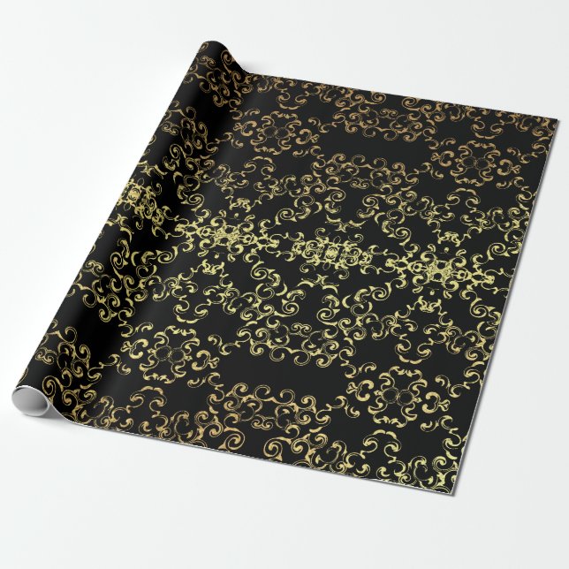 Gold Black Elegant Swirl Gothic Wedding Wrapping Paper (Unrolled)