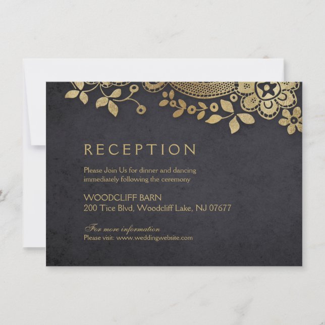 Gold black elegant vintage lace wedding reception invitation (Front)
