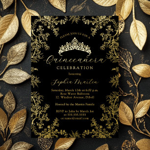 Gold Black Elegant Vintage Quinceanera Foil Invitation