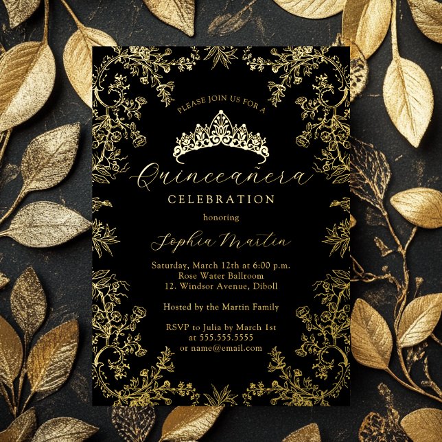 Gold Black Elegant Vintage Quinceanera  Foil Invitation (Creator Uploaded)