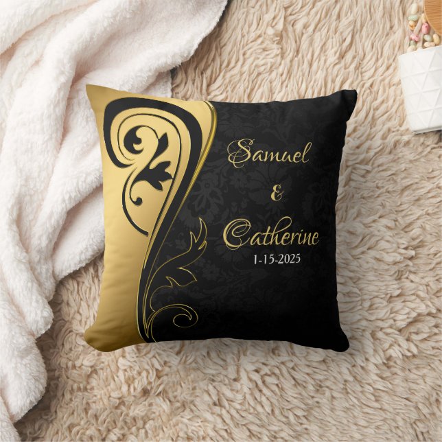 Gold Black Elegant Wedding Anniversary Personalize Throw Pillow (Blanket)