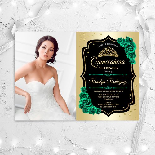 Gold Black Emerald Green Photo Quinceanera Invitation