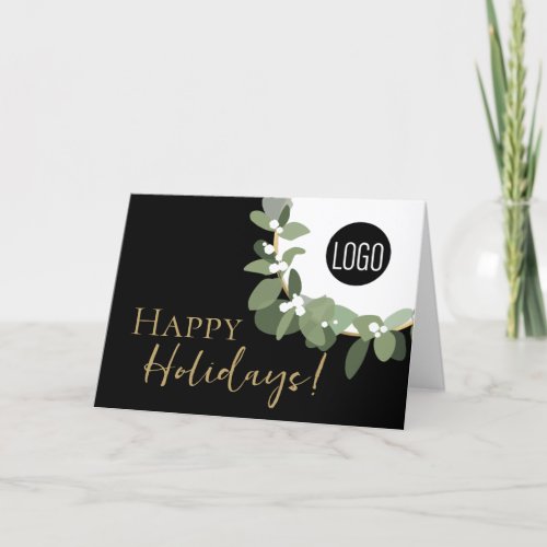 Gold black Eucalyptus Wreath Custom Company  Logo  Holiday Card