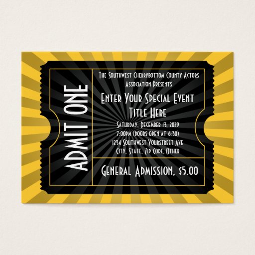 Customizable Gold + Black Event Ticket, Lg Business Card Size