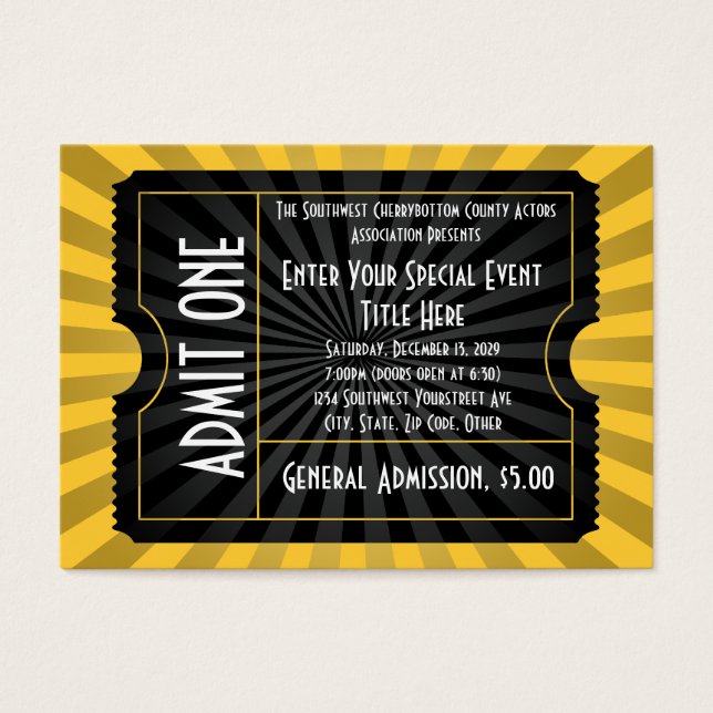 Gold + Black Event Ticket, Lg Business Card Size (Front)