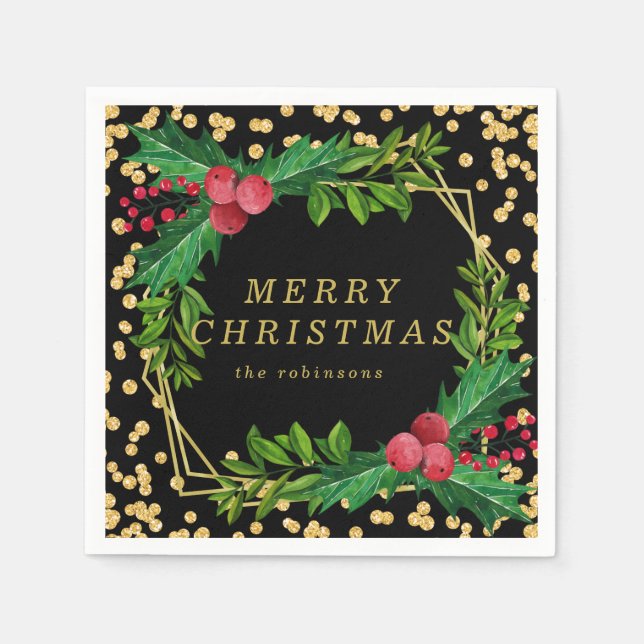 Gold Black Family Christmas Party Holly Glitter Napkins (Front)