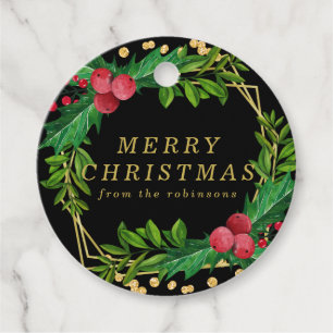 Gold Black Family Merry Christmas Holly Glitter Favor Tags