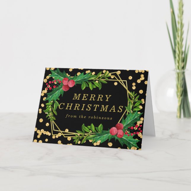 Gold Black Family Merry Christmas Holly Glitter Holiday Card (Front)