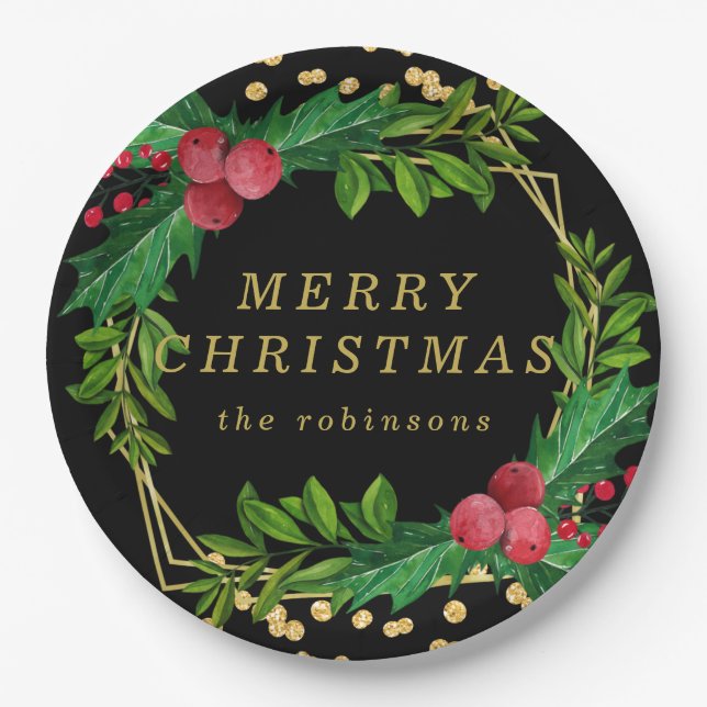 Gold Black Family Merry Christmas Holly Glitter Paper Plates (Front)