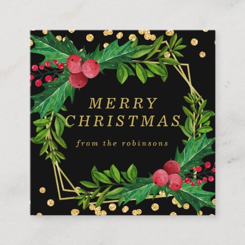 Gold Black Family Merry Christmas Holly Glitter Square Business Card