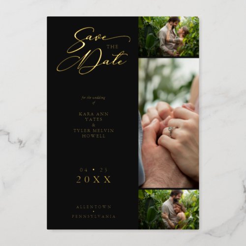 Gold Black Fancy Collage 3 Photos Couple Wedding  Foil Invitation