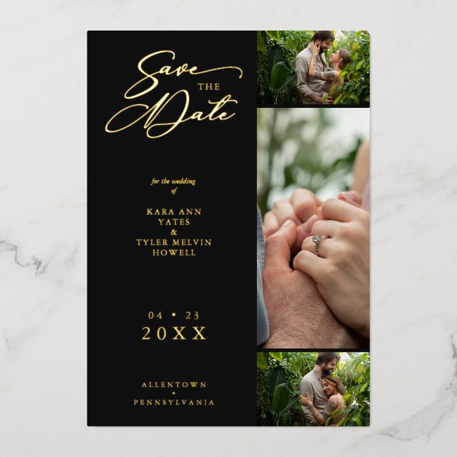 Gold Black Fancy Collage 3 Photos Couple Wedding  Foil Invitation (Front)