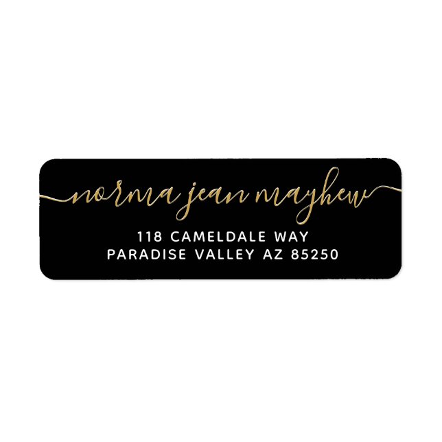 Gold Black Fancy Handwriting Script Return Address Label (Front)