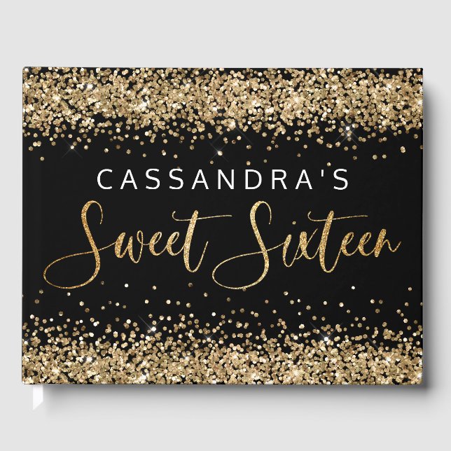 Gold Black Faux Glitter Sweet Sixteen Guest Book (Front)