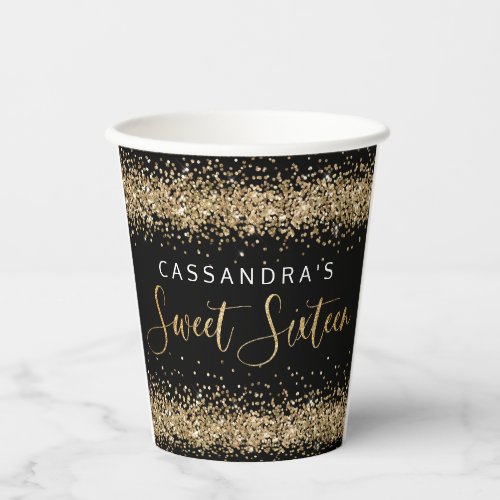 Gold Black Faux Glitter Sweet Sixteen paper cups