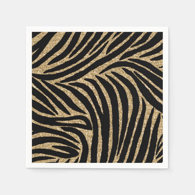 Gold black Faux Glitter Zebra Print Paper Napkins (Front)