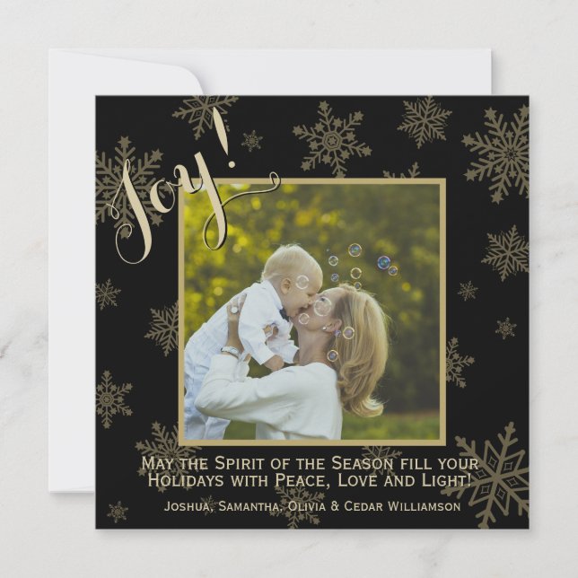 Gold & Black Festive Snowflakes Photo Holiday Card (Front)