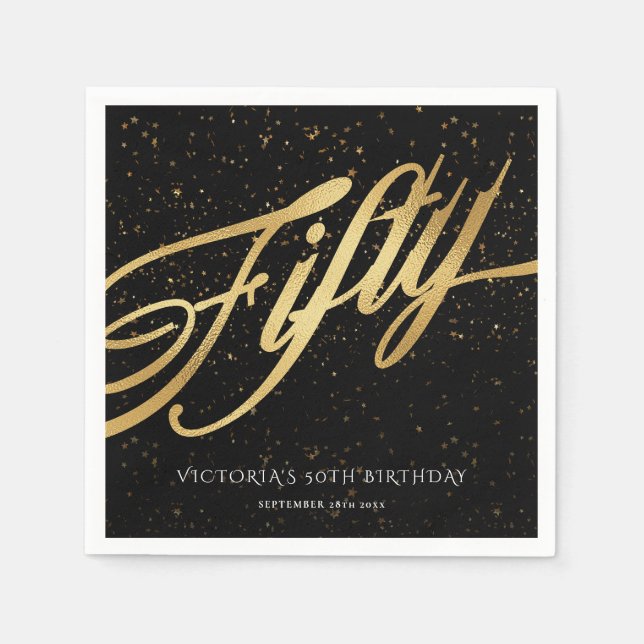 Gold Black Fifty 50th Birthday Confetti Elegant Napkins (Front)