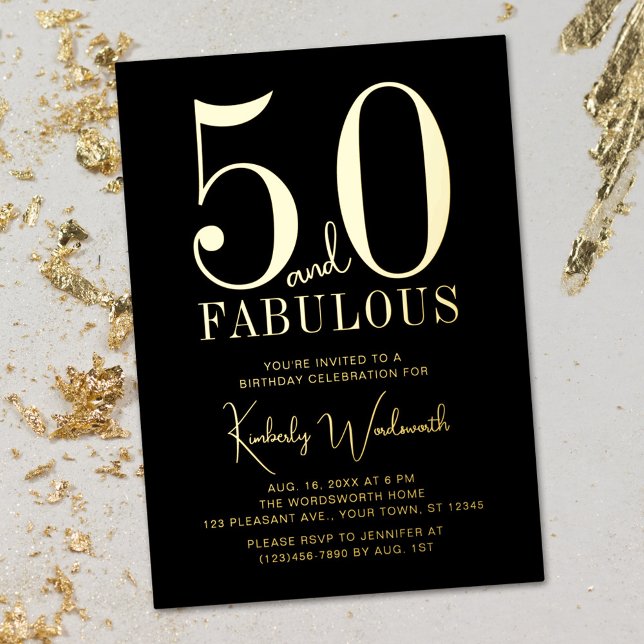 Gold Black Fifty and Fabulous 50th Birthday Party Foil Invitation (Creator Uploaded)