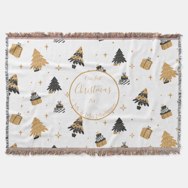 Gold Black First Christmas Tree Pattern Custom Throw Blanket (Front)
