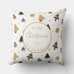 Gold Black First Christmas Tree Pattern Mr and Mrs Throw Pillow