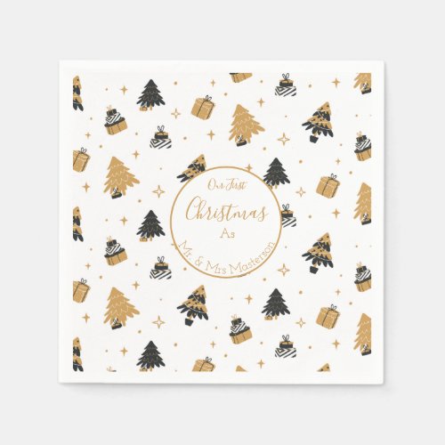 Gold Black First Christmas Tree Pattern Paper Napkins
