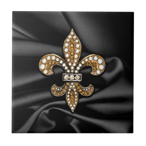 Gold Black Fleur De Lis Satin Jewel Ceramic Tile