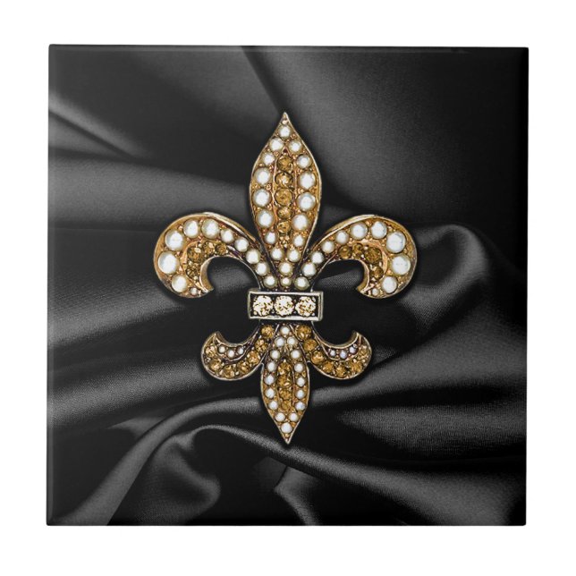 Gold Black Fleur De Lis Satin Jewel Ceramic Tile (Front)