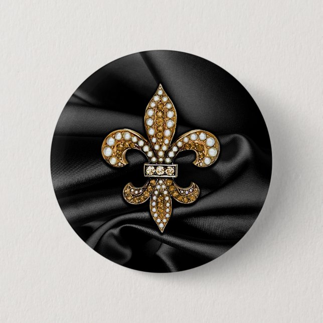 Gold Black Fleur De Lis Satin Jewel Pinback Button (Front)
