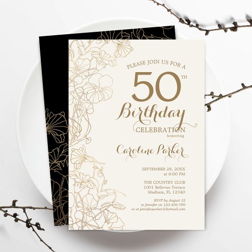 Gold Black Floral 50th Birthday Party Invitation