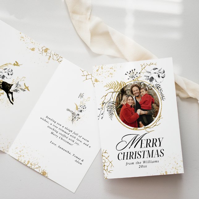 Gold & Black Floral Boho Arch Photo Christmas Card (Creator Uploaded)