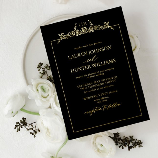 Gold Black Floral Border Monogram Wedding Foil Invitation (Creator Uploaded)