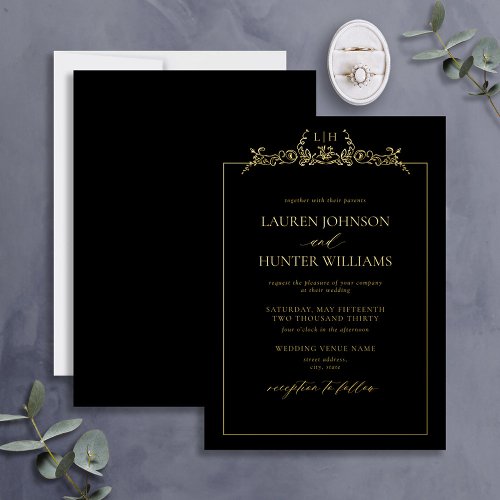 Gold Black Floral Border Monogram Wedding Foil Invitation