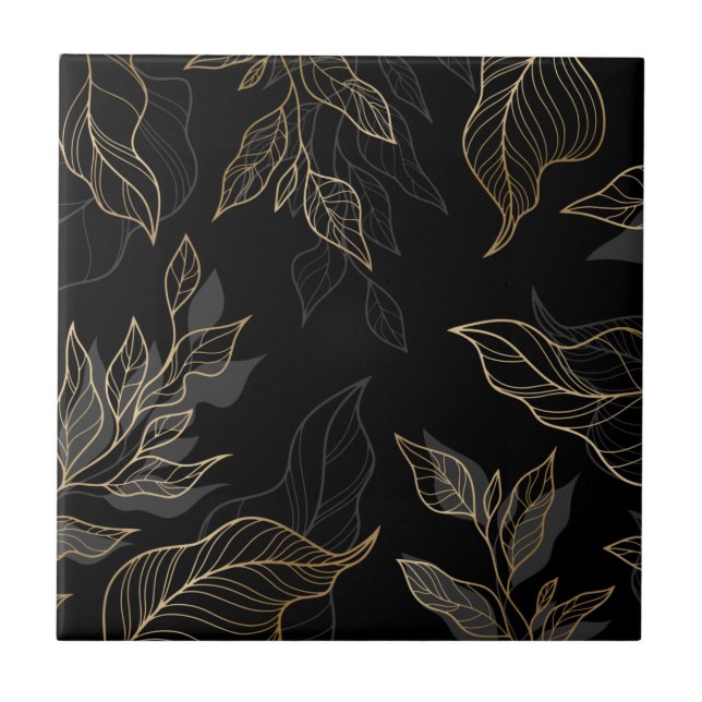 Gold Black Floral Ceramic Tile (Front)