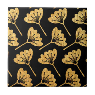 Gold & Black Floral Ceramic Tile