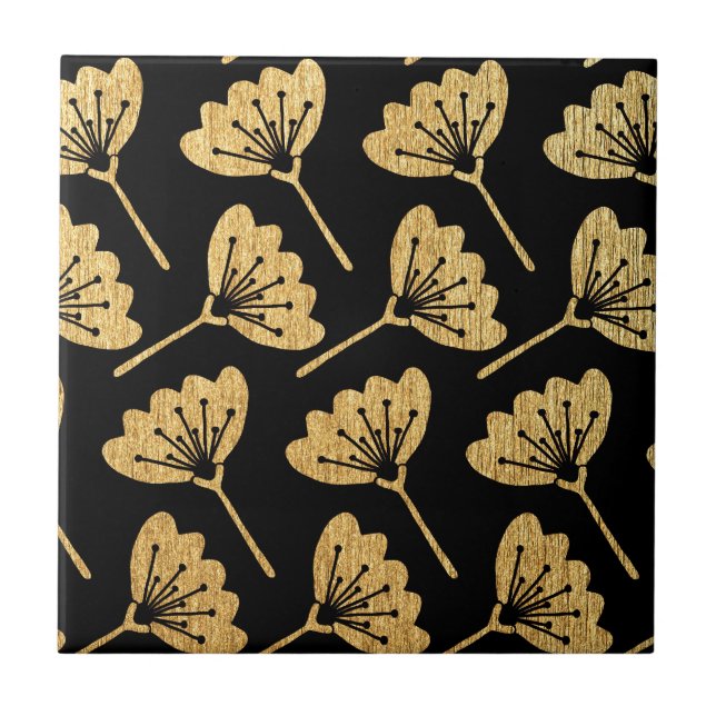 Gold & Black Floral Ceramic Tile (Front)