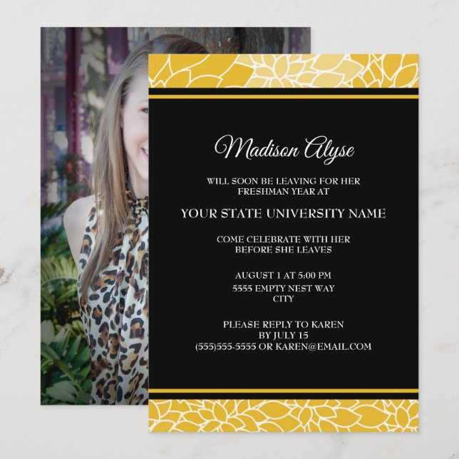 Gold Black Floral College Trunk Party Photo Invite (Front/Back)