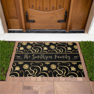 Gold & Black Floral Damask Classy Add Family Name Doormat
