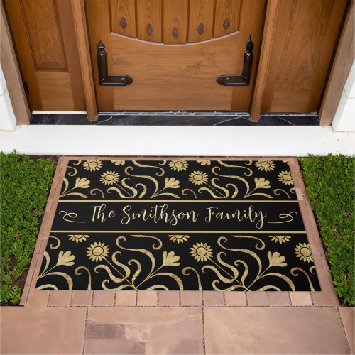  Gold  Black Floral Damask Classy Add Family Name Doormat