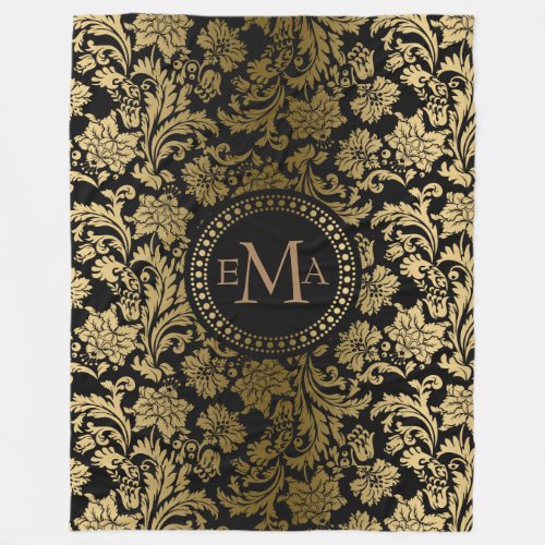 Gold  Black Floral Damask Fleece Blanket