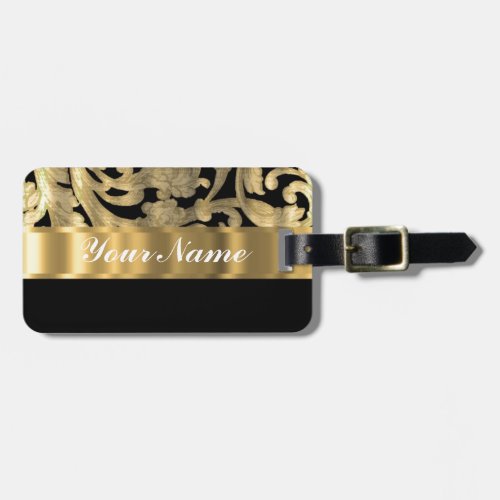 Gold  black floral damask luggage tag