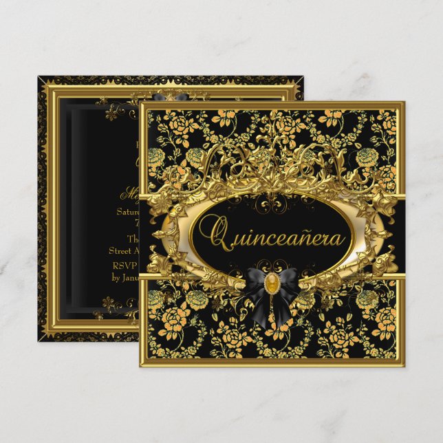 Gold & Black Floral Damask Quinceanera Invite (Front/Back)
