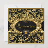 Gold & Black Floral Damask Quinceanera Invite (Front)