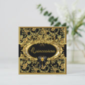 Gold & Black Floral Damask Quinceanera Invite (Standing Front)