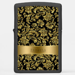 Gold & Black Floral Damasks Monogram Zippo Lighter